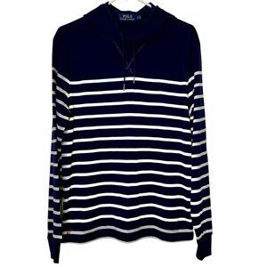 Polo by Ralph Lauren Men's Blue and White Striped Pullover Shirt Hoodie Nautical